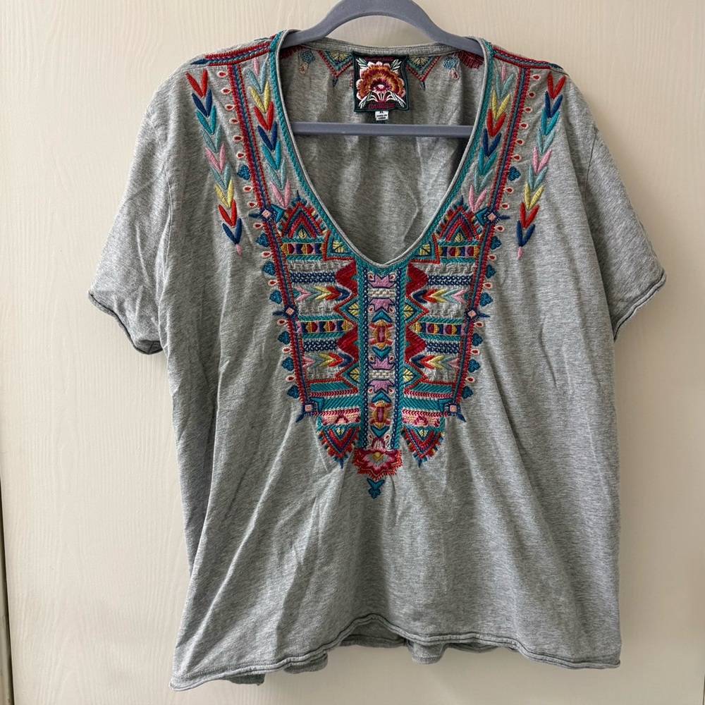 Johnny Was Gray Embroidered V-Neck Blouse XL